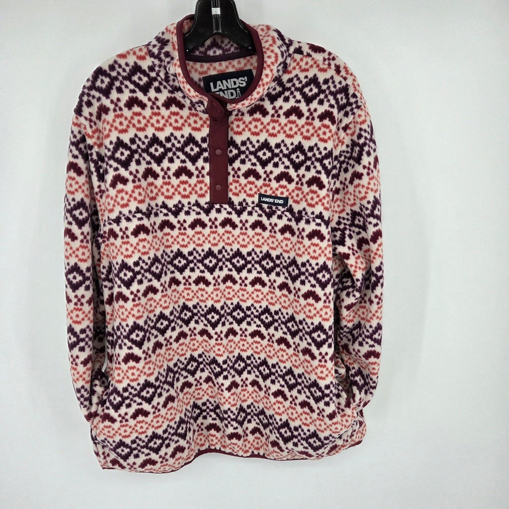Lands End Women's 1X Fleece Fair Isle Snap Neck Pullover Sweatshirt - Picture 1 of 5